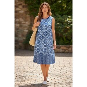 Mud Pie Women's Medium Blue White Tile Print Sleeveless Tank Dress Size Medium